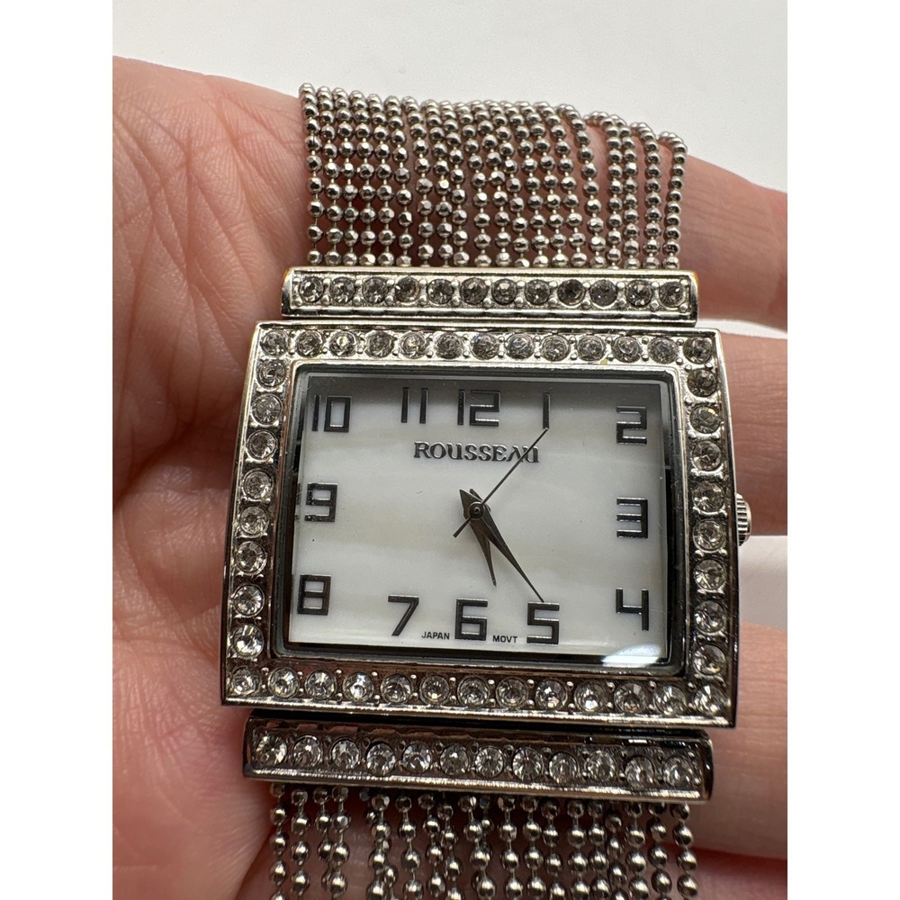 Rousseau Womens Square Crystal Bezel Silver Tone Ball Chain Watch Needs Battery